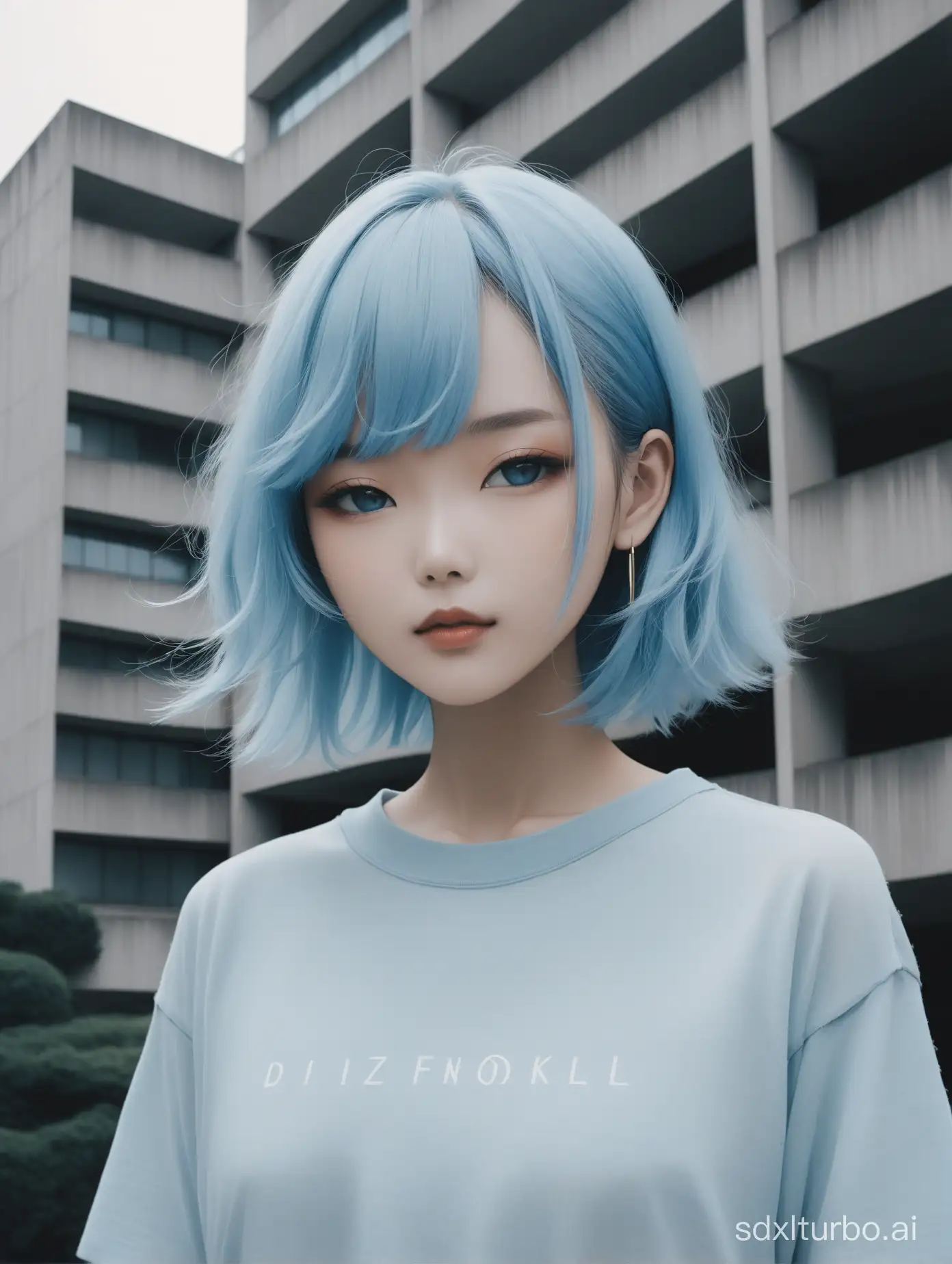 portrait of haute couture beautiful asian fashion model with pale blue hair, ethereal dreamy foggy, photoshoot by Alessio Albi, editorial Fashion Magazine photoshoot, fashion poses, in front of brutalist building architecture. Kinfolk Magazine. Film Grain. light guy blue eyes a little smile T-shirt with the inscription Dizmoralil