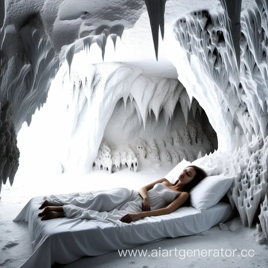 красивая девушка спит в белой пещере со сталактитами
