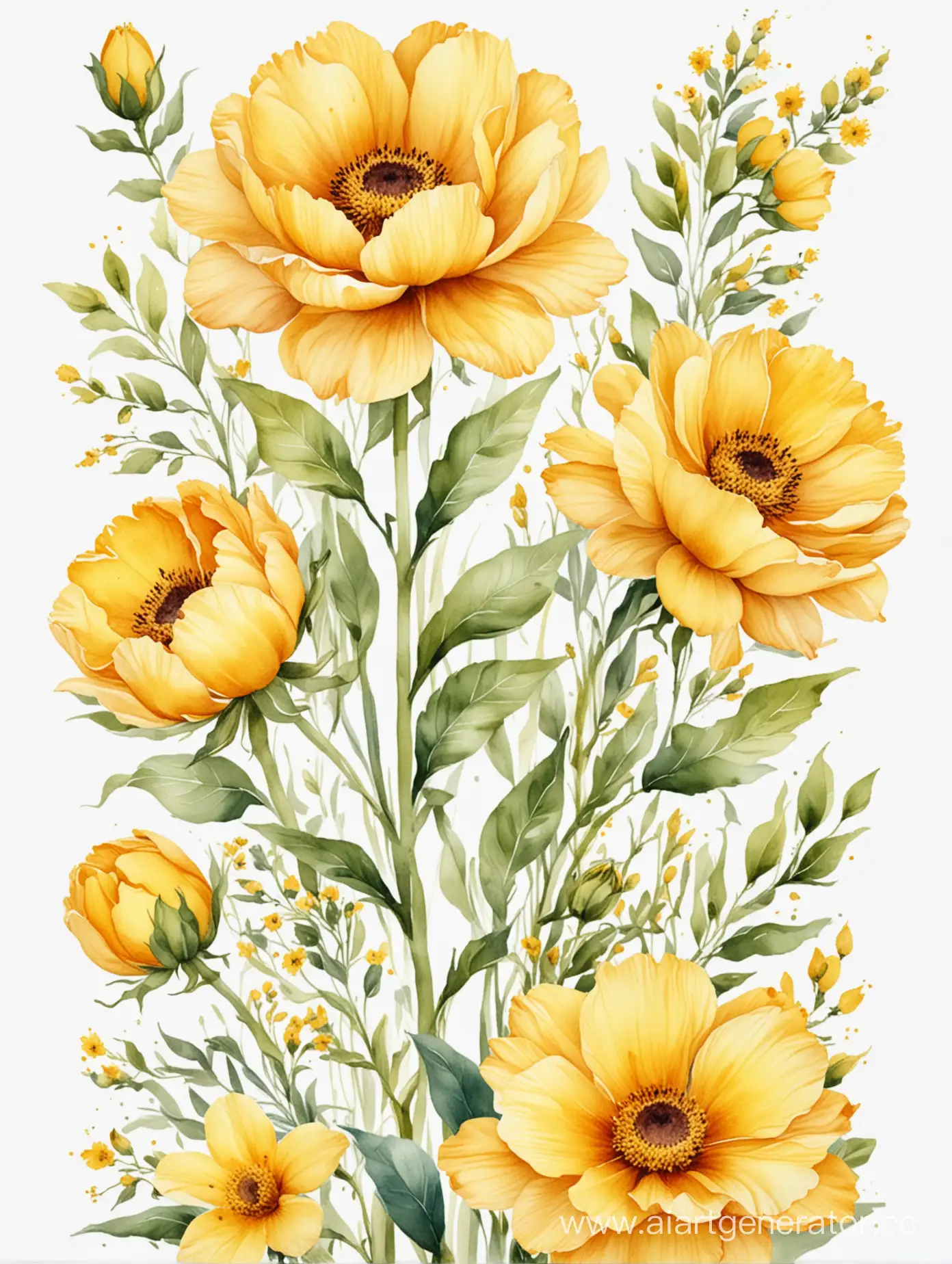 watercolor yellow large flowers at the bottom on white background