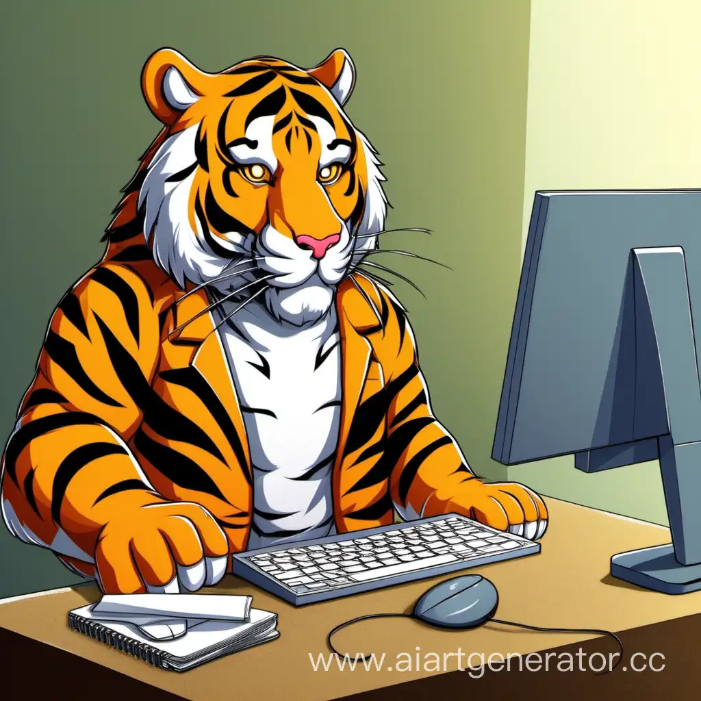 Тигр сидит за компьютером и печатает
