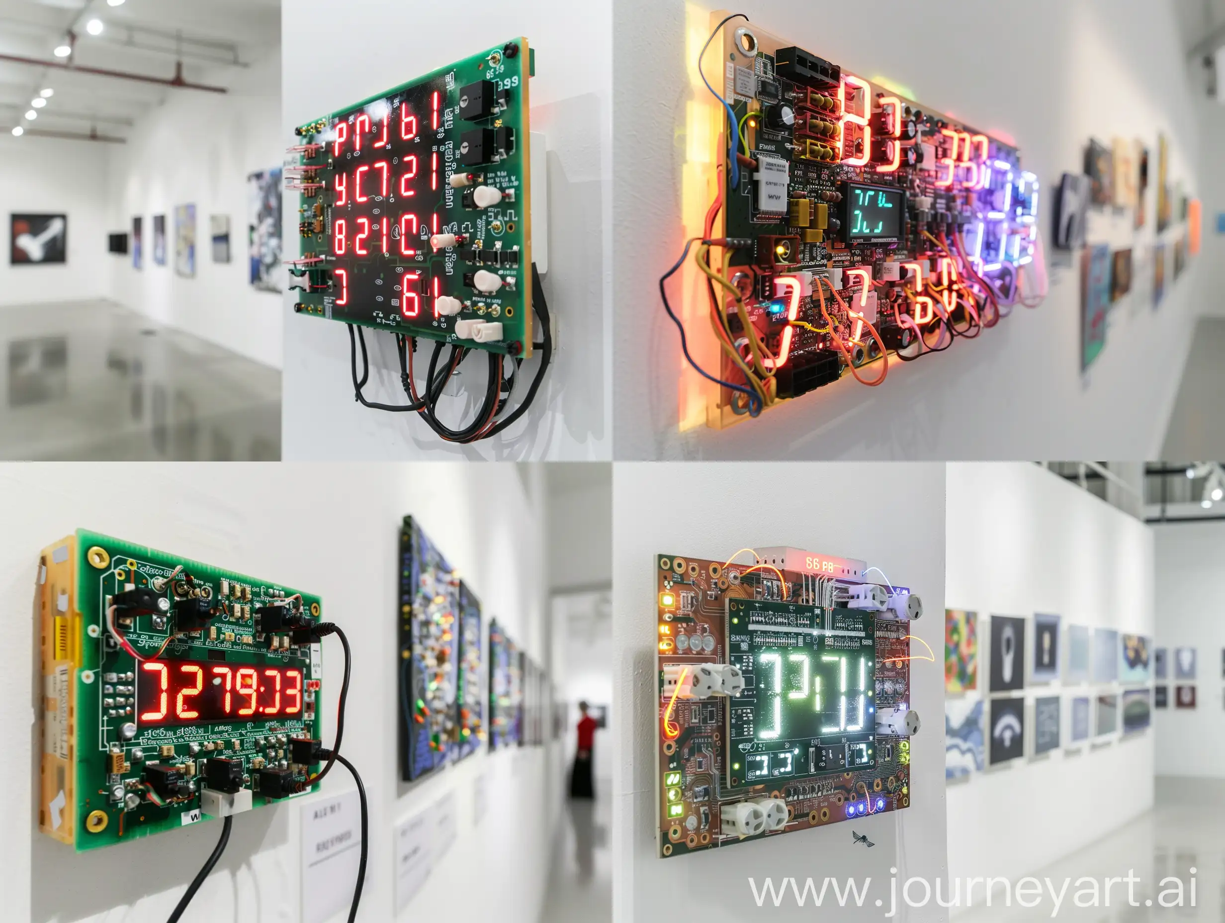 rack mounted arduino circuit board with multipule sensors used to detect ghostly energy and hauntings with a number display generating random numbers in a contemporary art gallery white walls design architect product