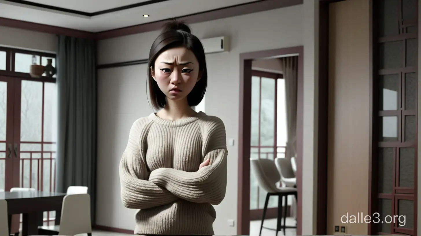 清城，现代屋内，一个中国年轻女人穿着毛衣一脸不满地插着腰