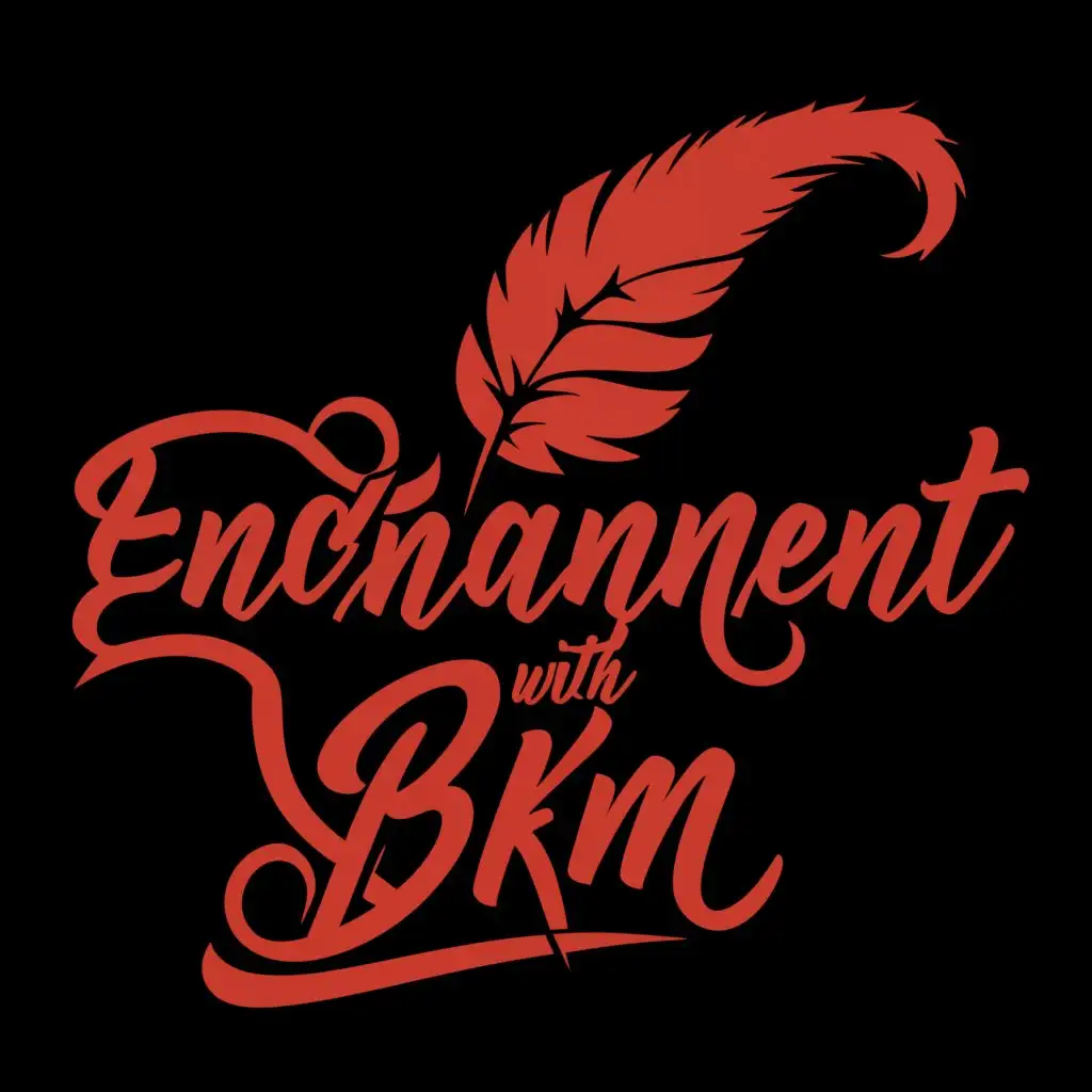 a logo design,with the text 'Enchantment with BKM', main symbol:red feather,complex,be used in Entertainment industry,clear background