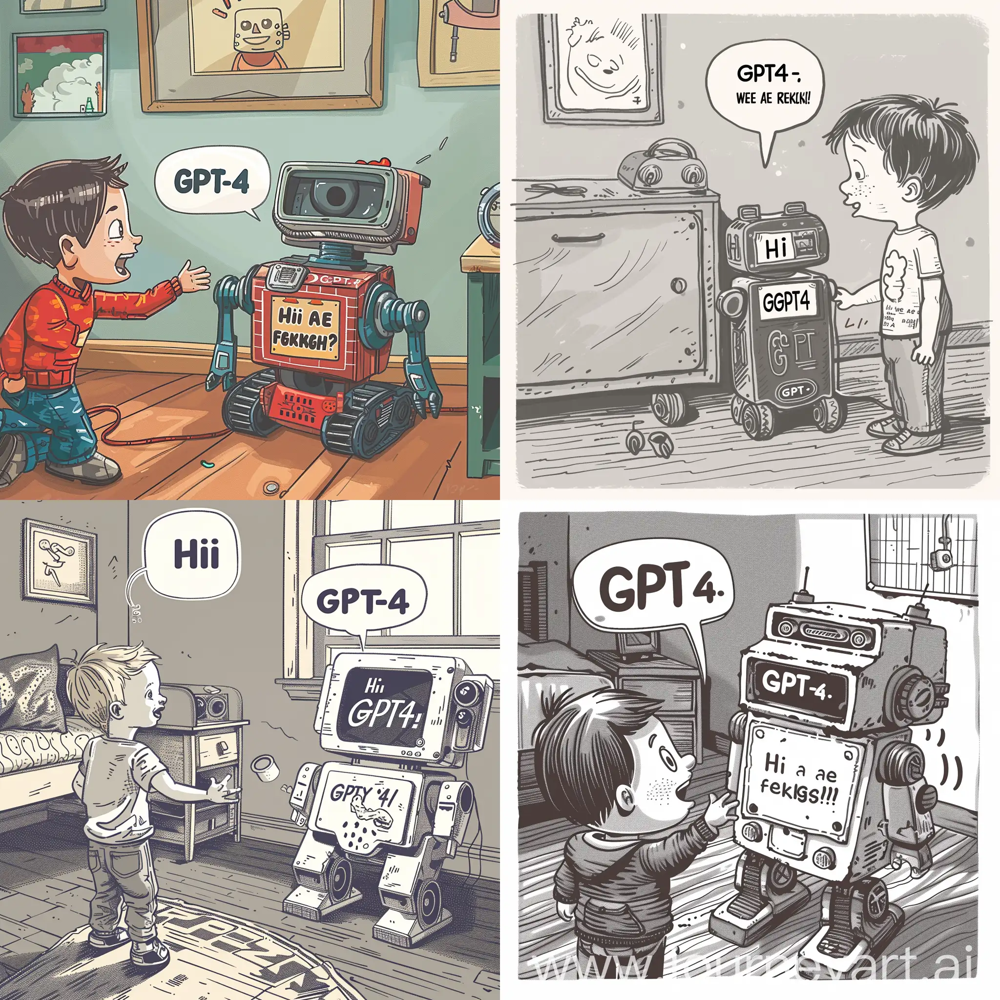 “A child excitedly interacts with a GPT-4 toy robot in an American middle-class child's room, styled as a simple yet cozy setting. The robot, clearly labeled 'GPT-4' on a tag, attempts to respond to the child's greeting, 'Hi, we are friends,' with a garbled 'Hi, %&S*#@,' showcasing its initial communication struggles. The scene captures a moment of budding friendship in a newspaper cartoon style, featuring bold lines, simple shading, and expressive characters, reminiscent of classic American comics." Created Using: bold ink lines, newspaper comic style, expressive character design, simple room decor, American middle-class aesthetic, clear dialogue bubbles, vintage toy design, hd quality, natural look