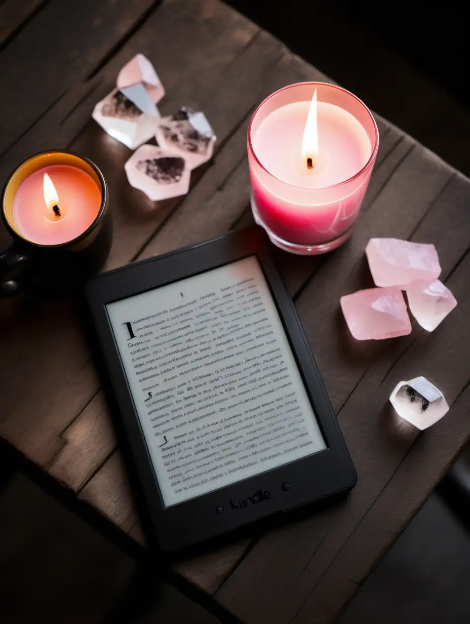 Kindle on wooden desk with one small pink candle, a few small quartz crystals, and a coffee cup, view from above