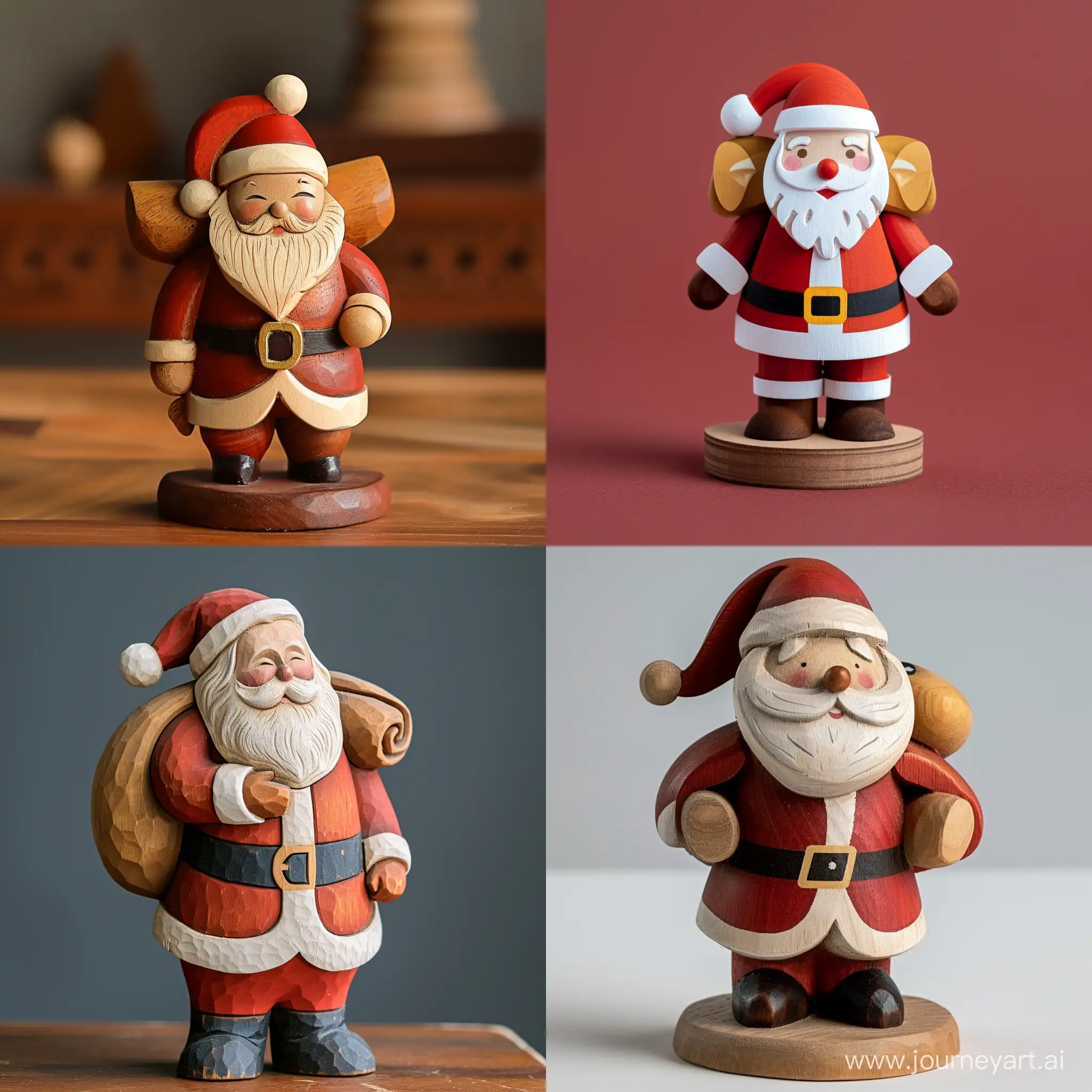 wooden figurine of Santa Claus with a bag on his shoulders, in flat style
