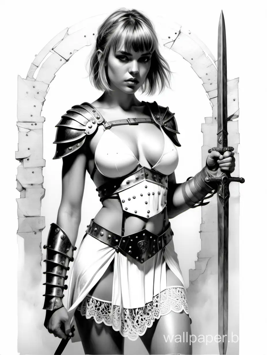 Young Agne Grudite, short light hair with bangs, size 4 breasts, narrow waist, wide hips, gladiator warrior, white short dress with deep neckline with lace and metal inserts, Metal breastplate, black and white sketch, white background, full-length, style nude art