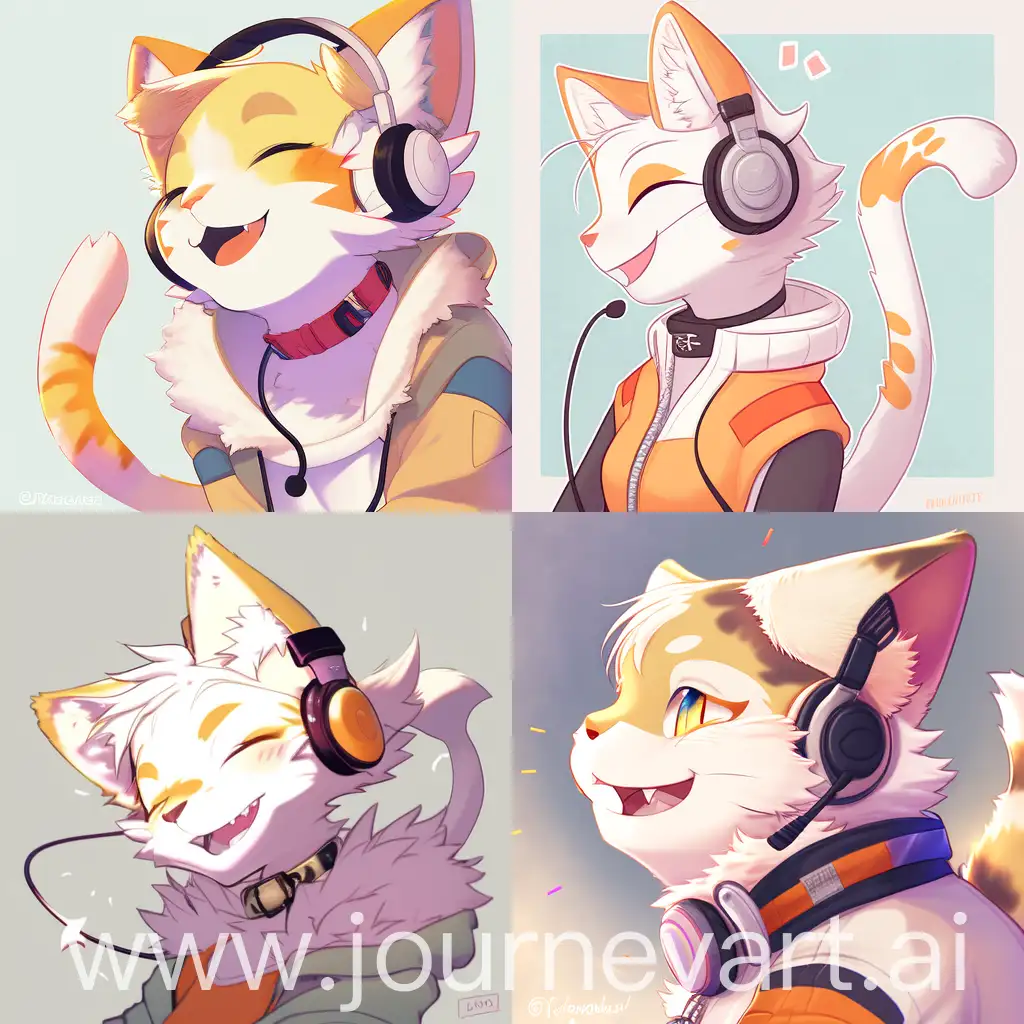 an anthro furry cat, one eye winking, a face art, smiling, short hair, from the side, white and orange, domestic cat, gender-neutral, anorak, headphone on neck,