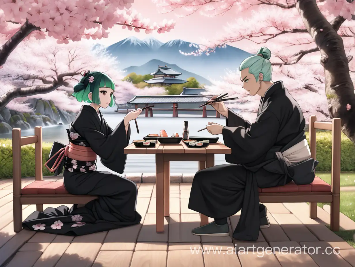 Девушка с зелёными волосами одетая в чёрное платье на против неё сидит мужчина одетый в чёрное кимоно . Они сидят за столом и едят сушит. На заднем плане падают цветы сакуры и деревья сакуры