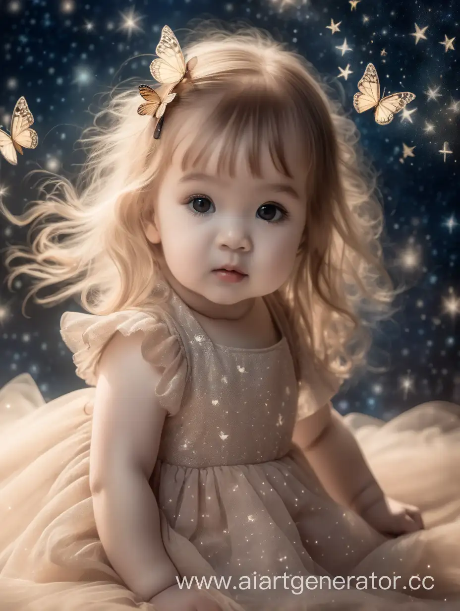 девочка 1 год, длинные светлые волосы , бежевое платье пышное, фон  сияние звезды размытые, бабочка на волосах