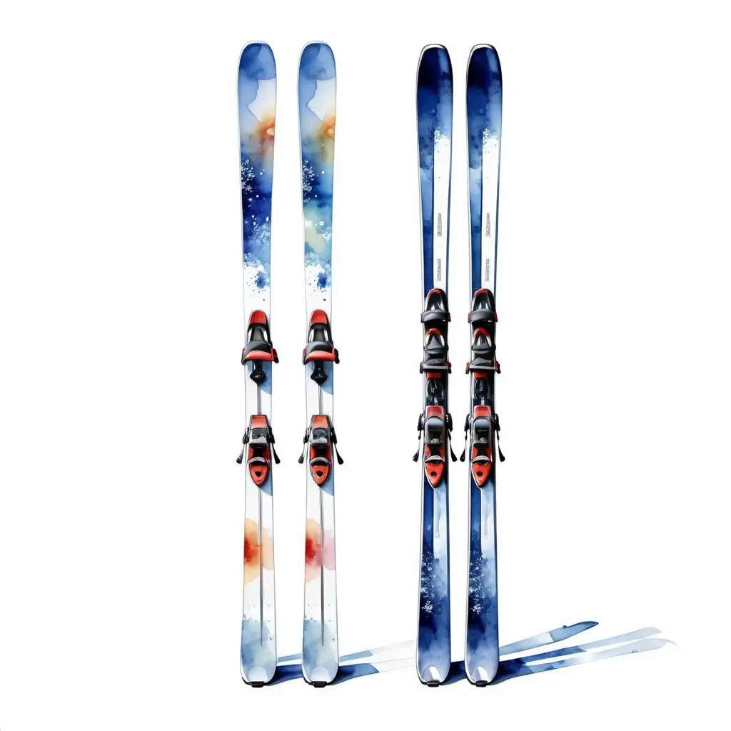 bílé pozadí_vytvoř realistickou ilustraci, lyžařské lyže, s přesností vázání na lyžích, styl akvarel
