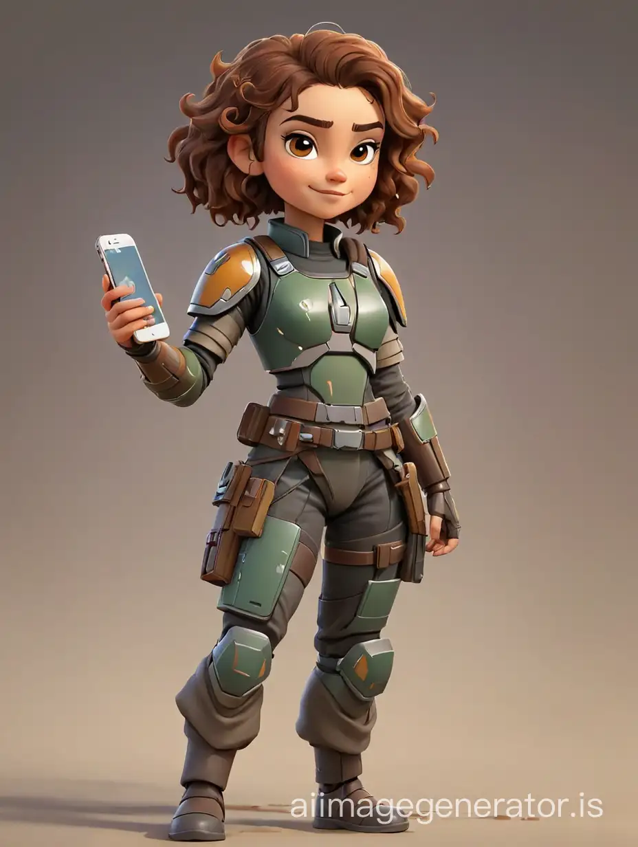 full body of a small cartoon female mandalorian without a helmet and curly brown hair using an iphone