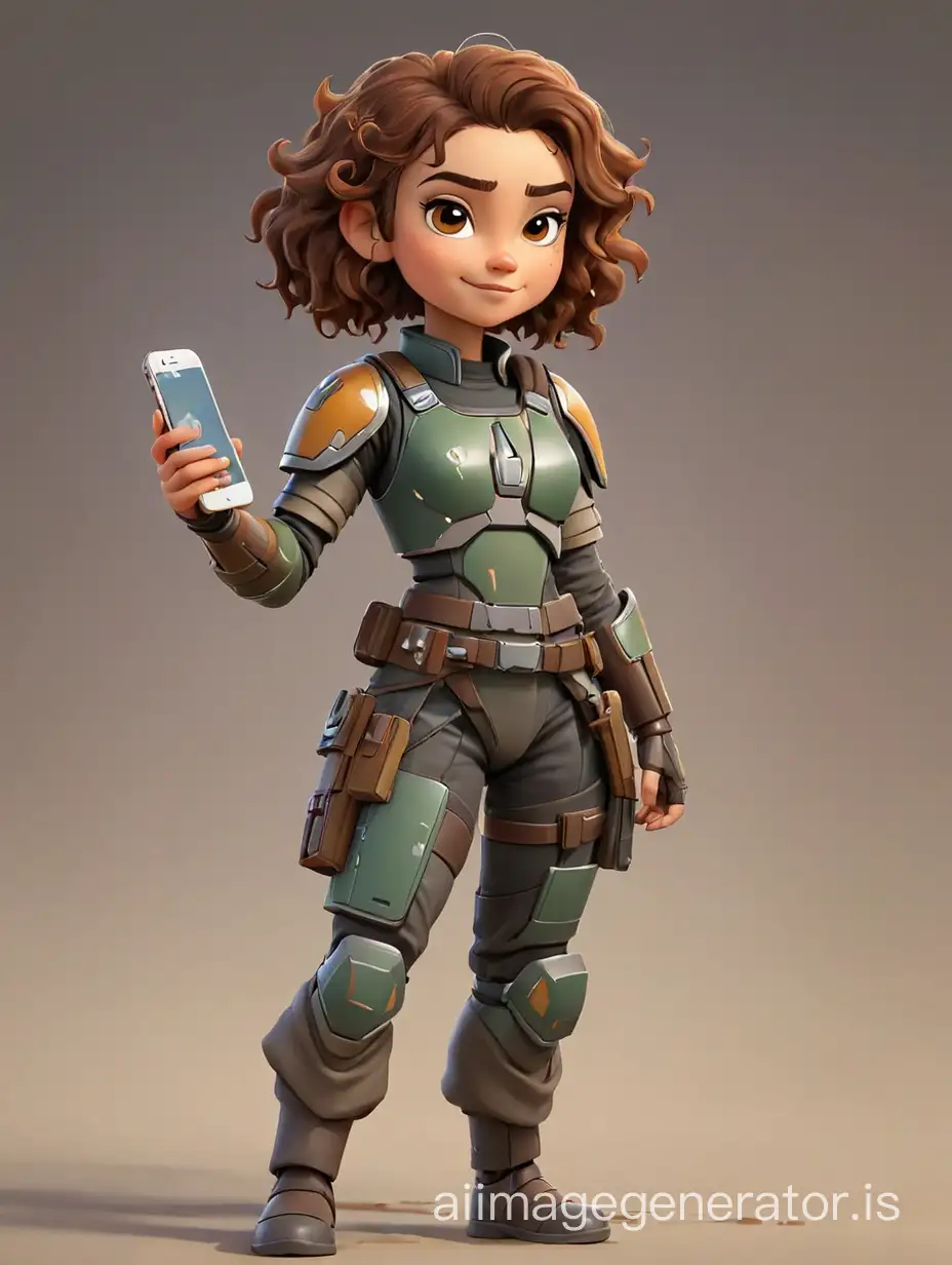 Cartoon-Mandalorian-Girl-with-Curly-Brown-Hair-Using-iPhone