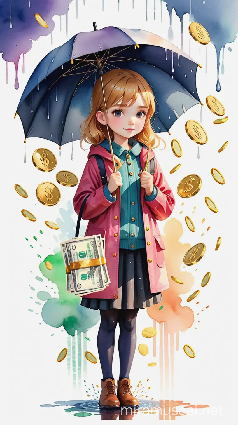 Animated Money and Gold Scene with Rainy Girl Holding Umbrella Watercolor