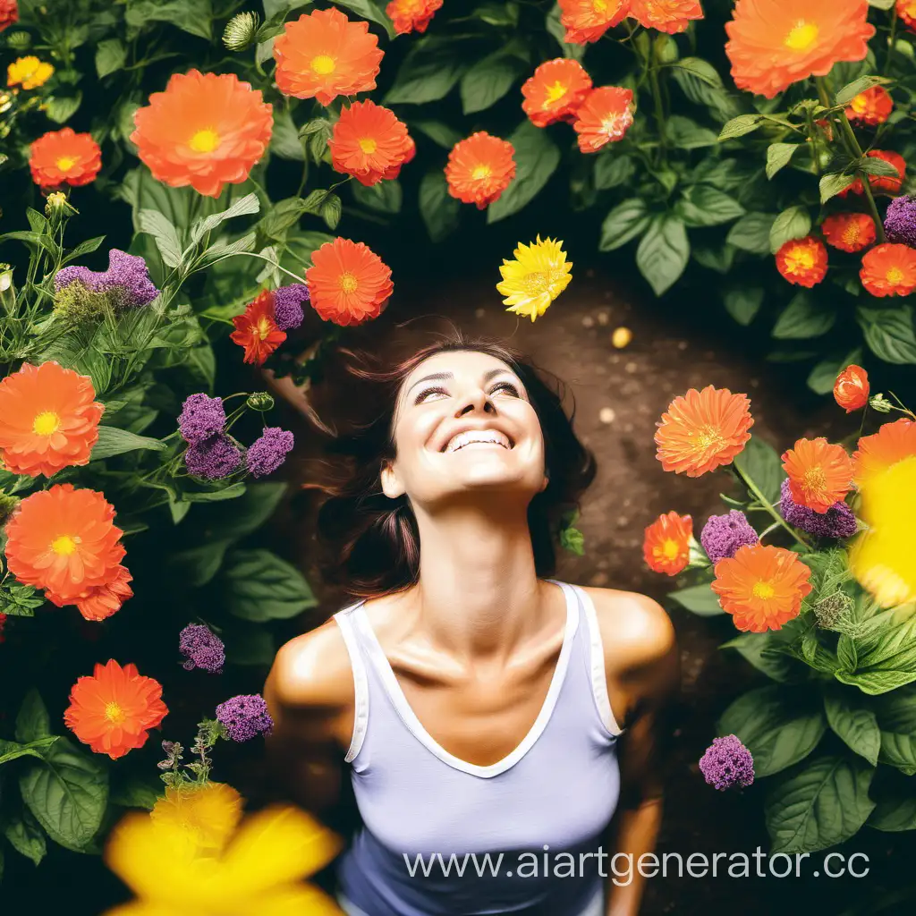 Улыбчивая женщина, сад, цветы, смотрит вверх
