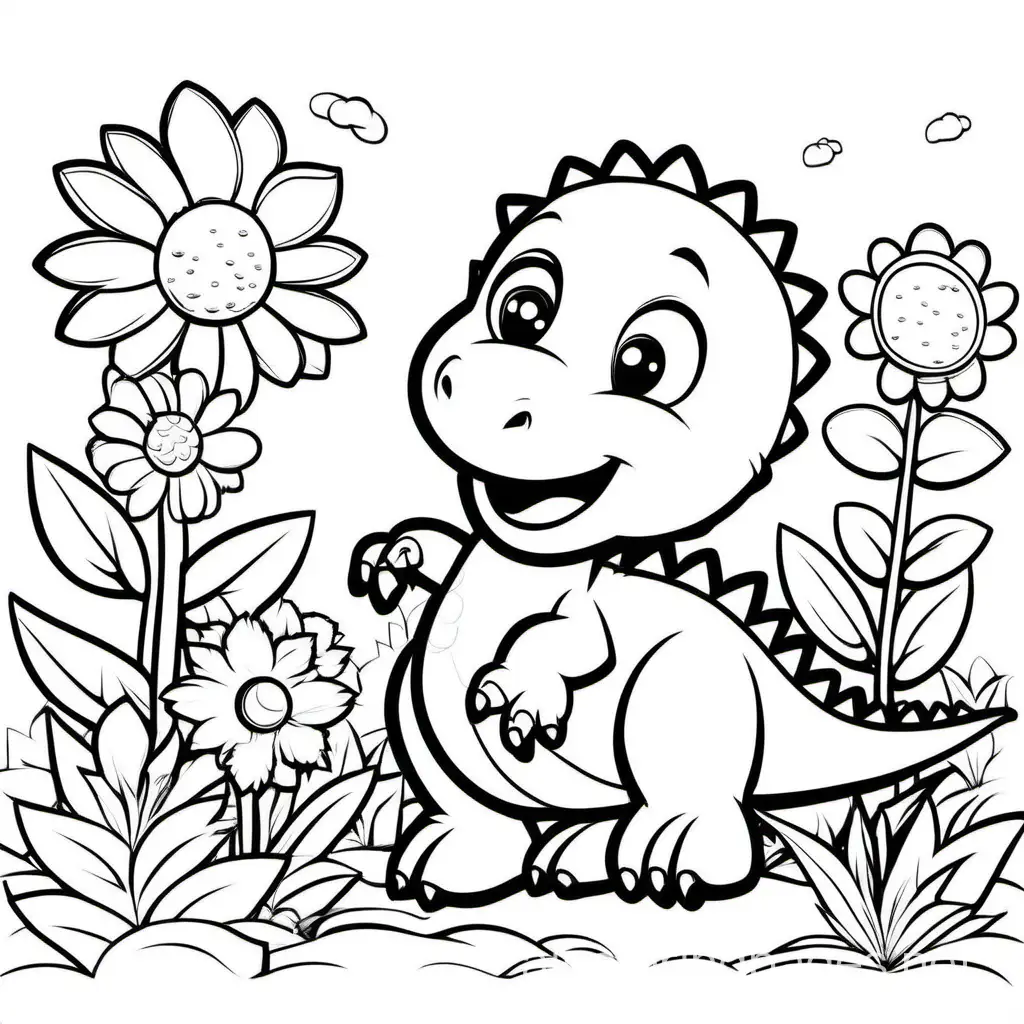 Adorable-Dinosaur-Coloring-Page-Dino-Gathering-Flowers