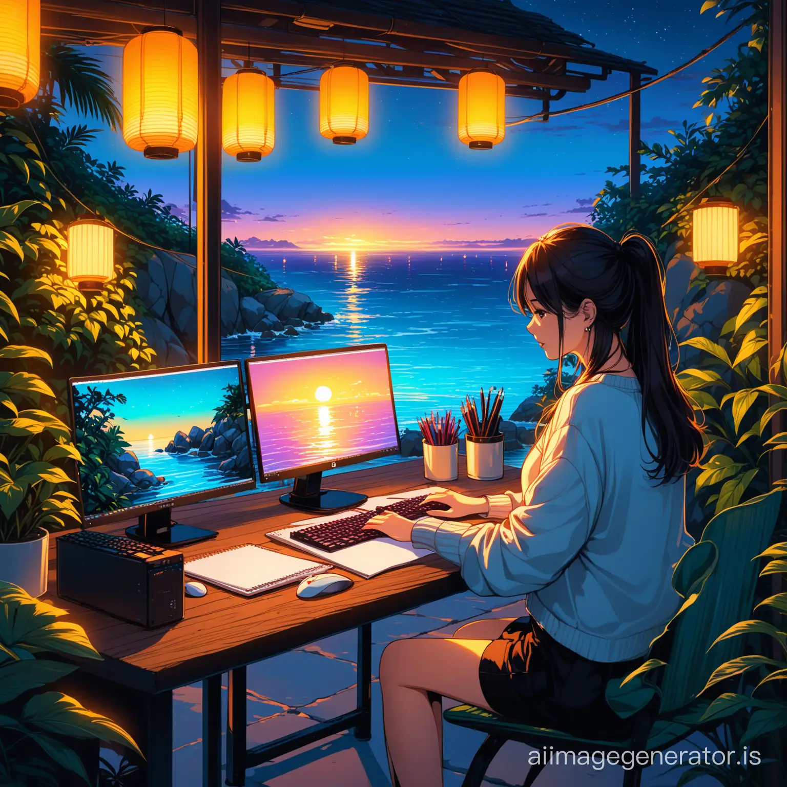 Outdoor-Designer-Sketching-with-Three-Monitors-under-Evening-Sky