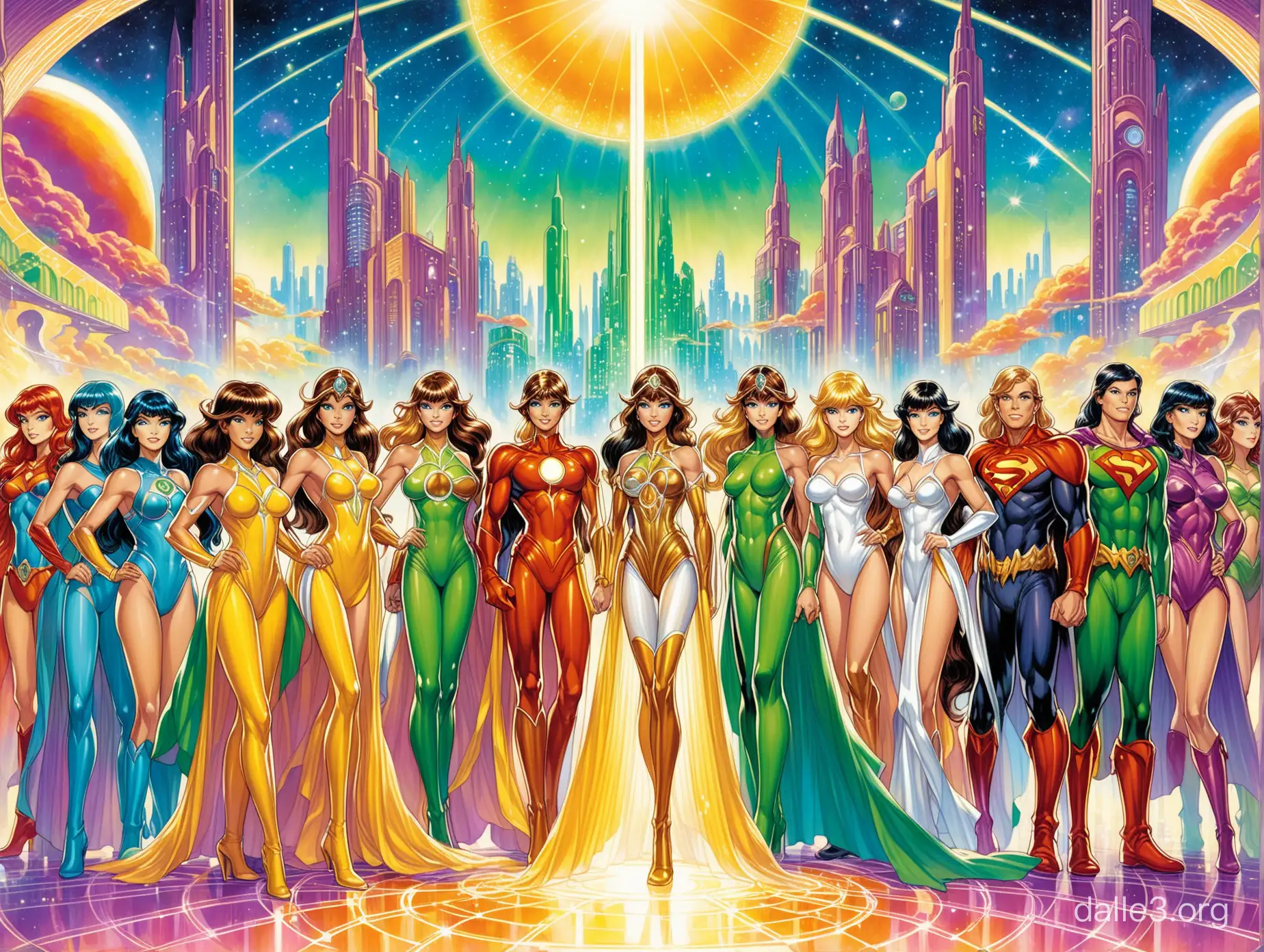 Art nouveau painting depicting a glamorous assembly of Legion of Super-Heroes-inspired figures, sprinkling an air of avant-garde aesthetics, standing prominently amidst an exotic future city, their bodies exhibiting the lithness of Wendy Pini's Elfquest characters and Mike Grell's futuristic disco glam costume designs, lineage of Kelly Freas and Artgerm's art sense, skin tones oscillating between verdant greens and sunshine yellows