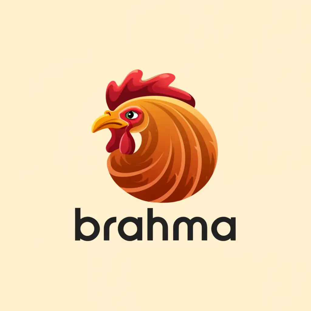 a logo design,with the text "Brahma", main symbol:Chicken head with the following characteristics: small, wide, strongly arched; with a broad parting of the head projecting above the eyes; well and distinctly set off in the nape of the neck.,Moderate,clear background. The feathers are gray. The chicken comb ist small and grumpy.

