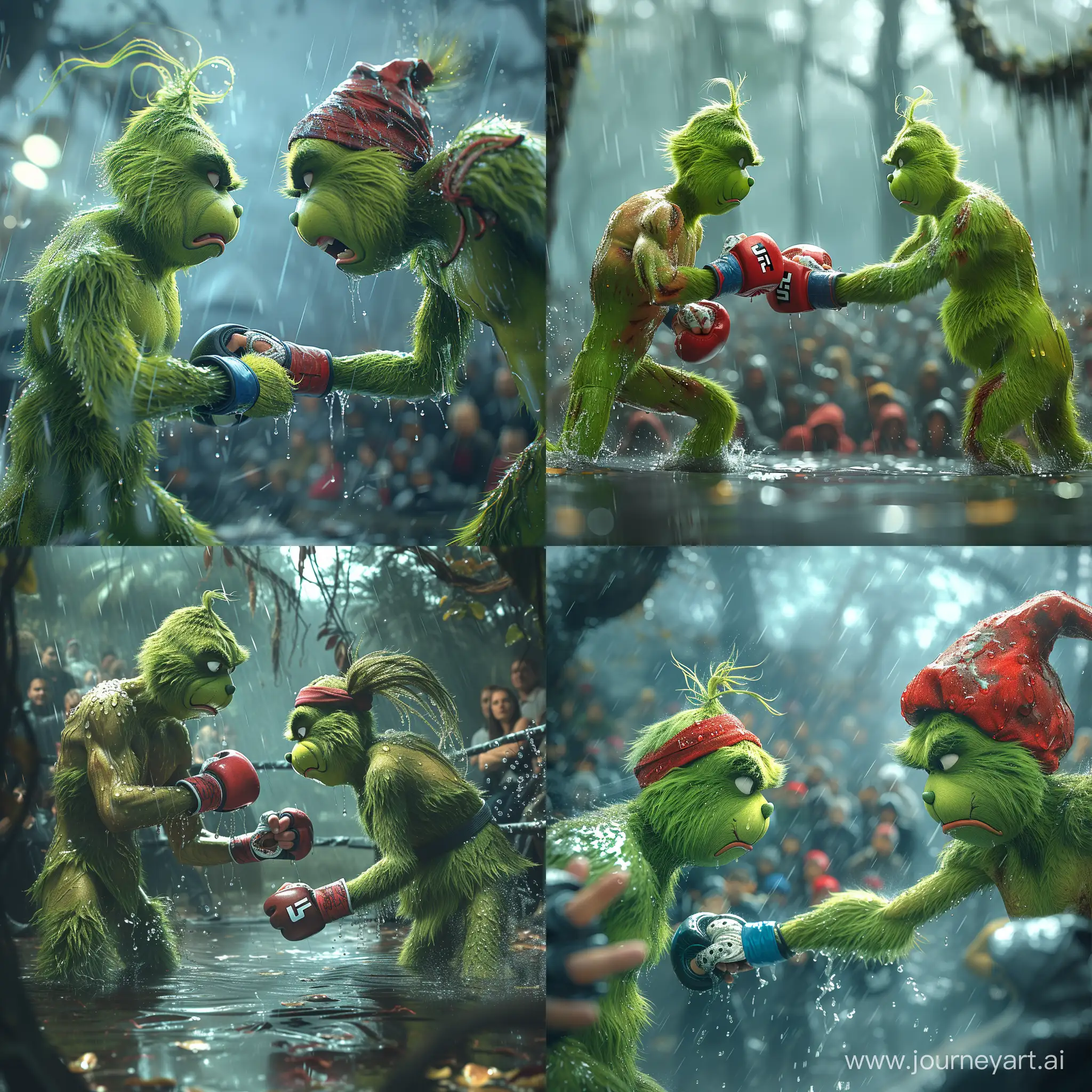 A realistic picture of jim carrey and the grinch playing mma in the rain, in front of an s udience watching the match, with blur in the background, accuracy, focus, and very fine details on fabrics, skin, and skin --stylize 750 --v 6