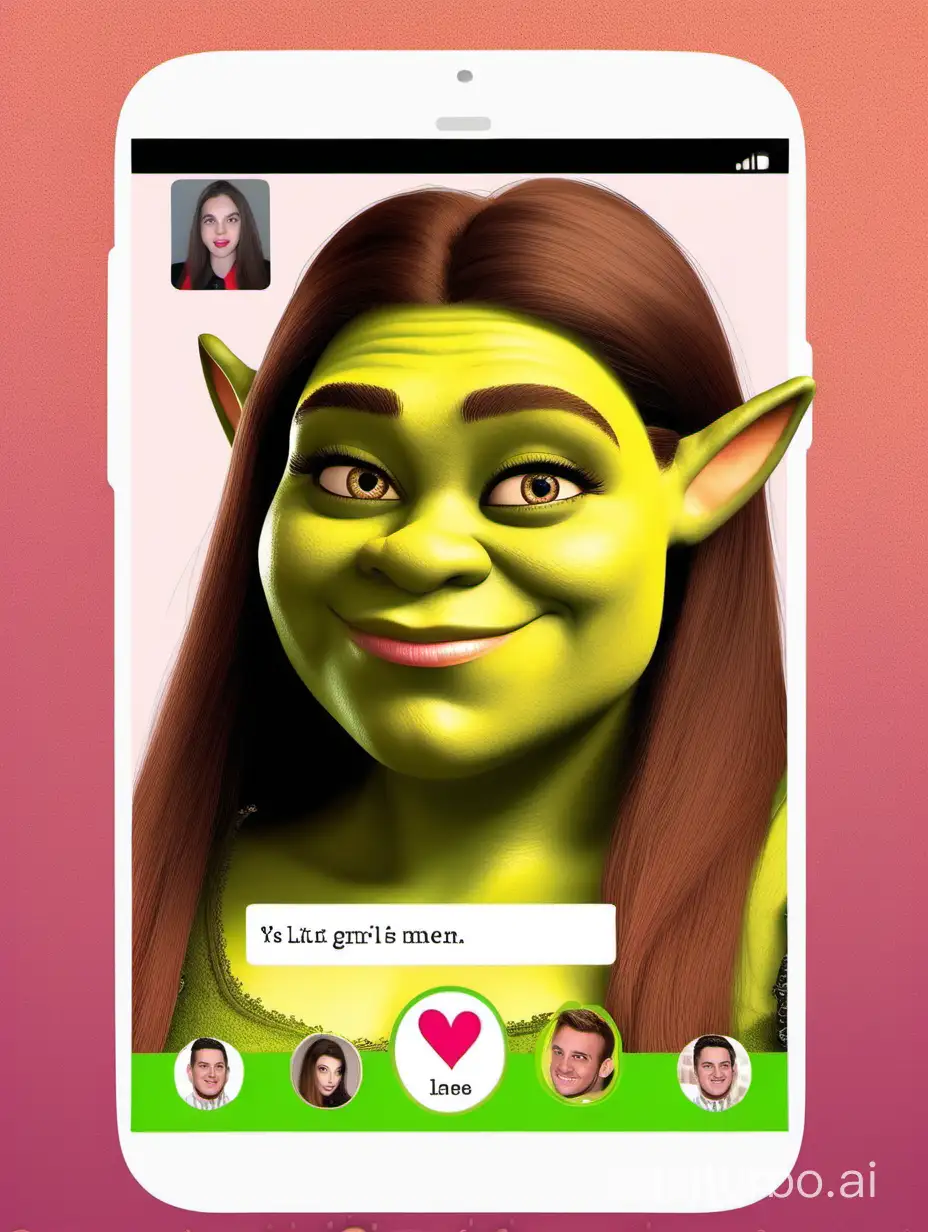 A Shrek-like girl sits in a dating app, thinks she is very successful and goes on a date with a handsome man, although she herself is a Shrek, very fat and ugly