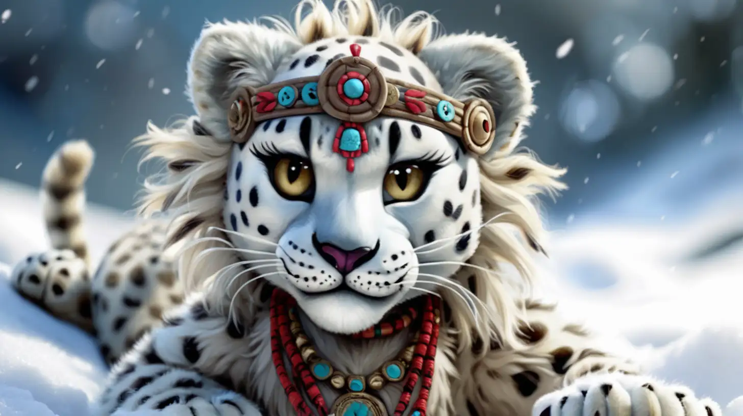 adorable snow-leopard wearing voodoo-mask