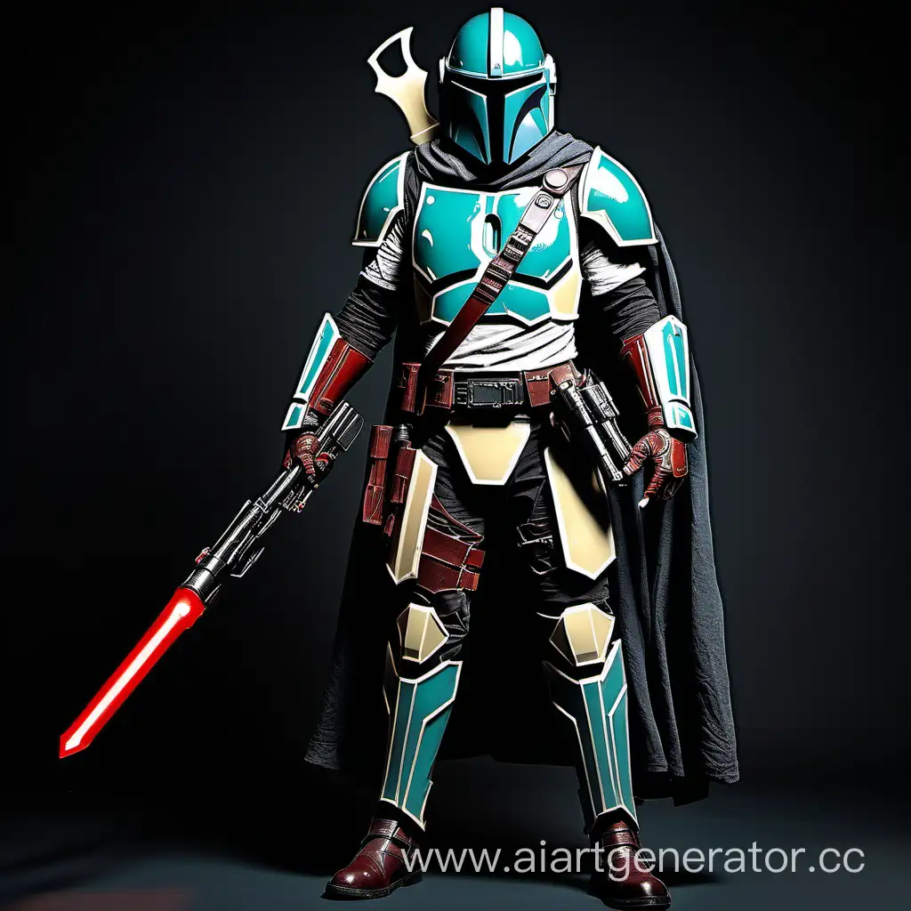 Name: Kreeg Mandalorian Clan: Clawrend Helmet Color: Turquoise Helmet Shape: Horned and angular, with a visor that splits down the middle, resembling a fierce predator's snarl Armor: Sleek, jet black armor with intricate silver etchings depicting scenes of battle and triumphs Clothes: Deep crimson robes with golden accents, flowing and billowing as he moves Weapons: A custom-built blaster rifle with serrated edges and a retractable energy blade, and a pair of wrist-mounted energy gauntlets that shoot out electrified netting Shoes: Heavy-duty boots with retractable spikes for traversing difficult terrain  Kreeg is known as a fierce and formidable Mandalorian, with a reputation for being cunning and ruthless in battle. His unique helmet and armor set him apart from others in his clan, and his unorthodox choice of weapons and unconventional fighting style make him a force to be reckoned with. He is a solitary figure, often seen stalking the shadows of the galaxy, hunting down his targets with relentless determination.