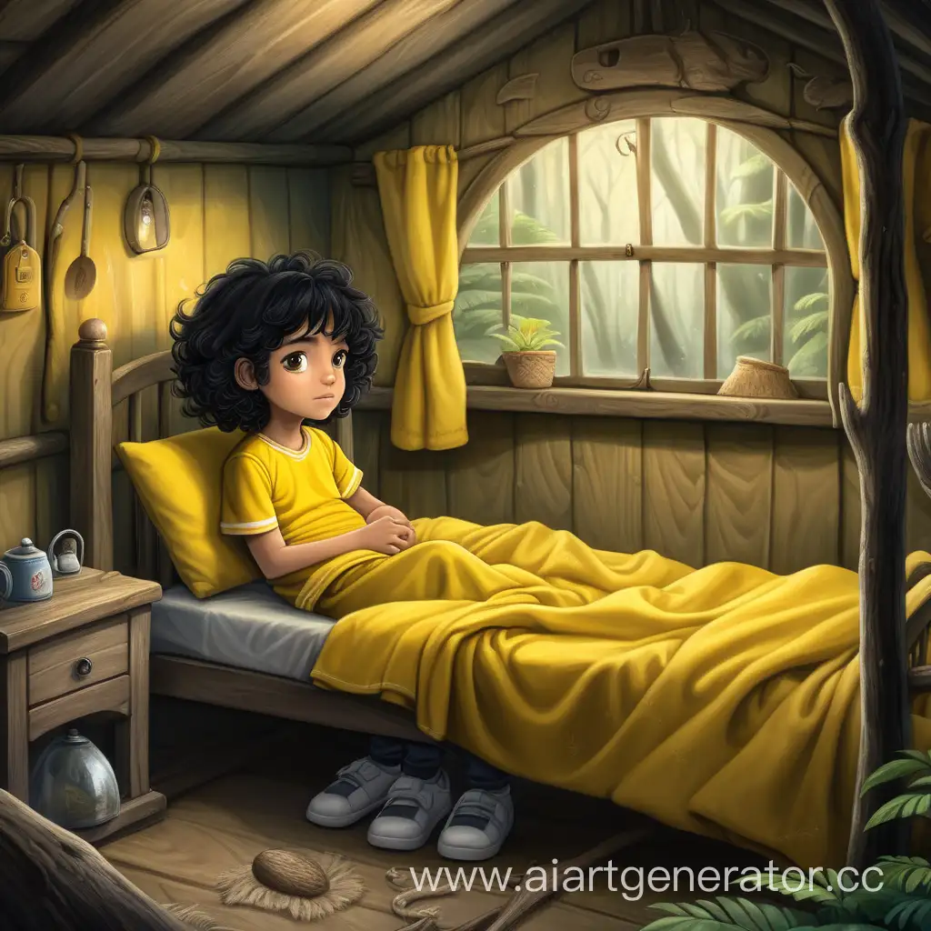 Aria, an 8-year-old boy with a handsome face, thick curly black hair, and dressed in yellow attire.In an old hut in the middle of the forest, Aria lies sick in her bed, shivering alone in the harsh stormy weather.