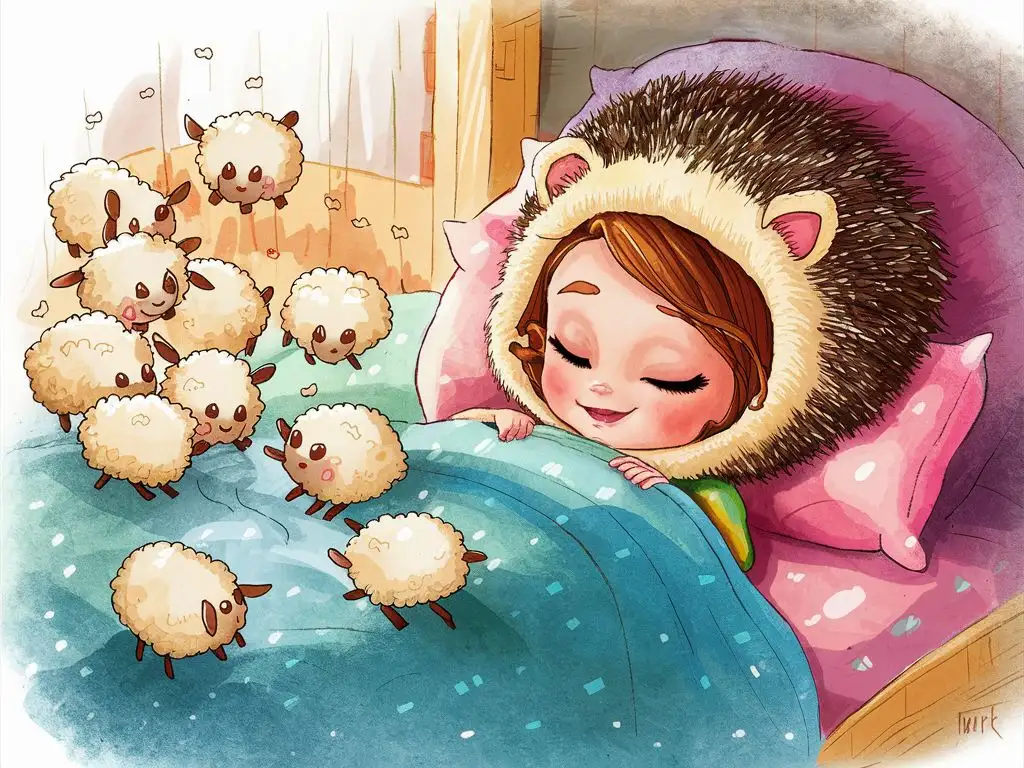 hedgehog girl sleeps. In her sleep, she sees sheep and counts them