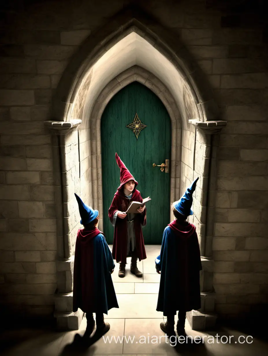 межкомнатная дверь, школа магии, средневековье, замок, коридор, два парня волшебника