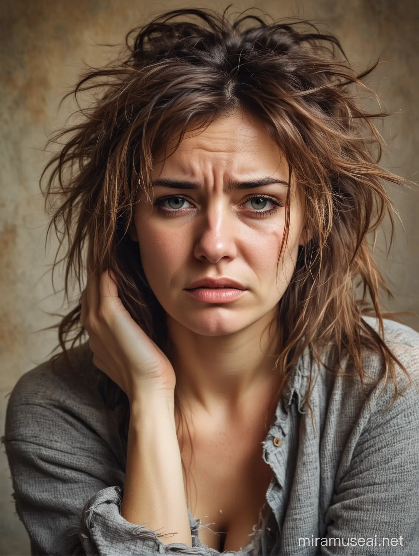 Rustic Woman with Disheveled Hair Expressing Sadness