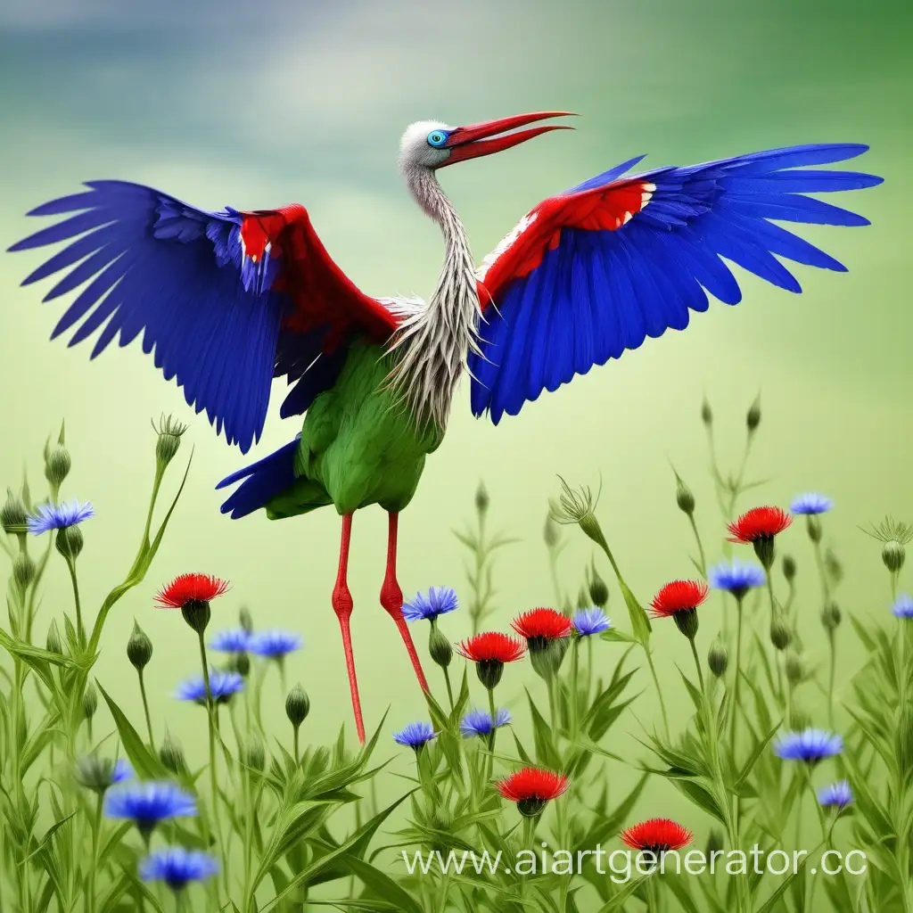 контр аист, крылья зеленого и красного цвета, цветы василька