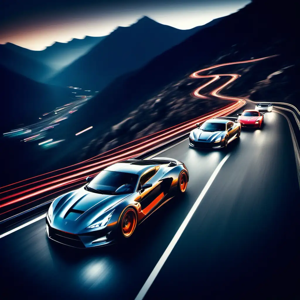 sports cars racing through mountain range motion blur and lights