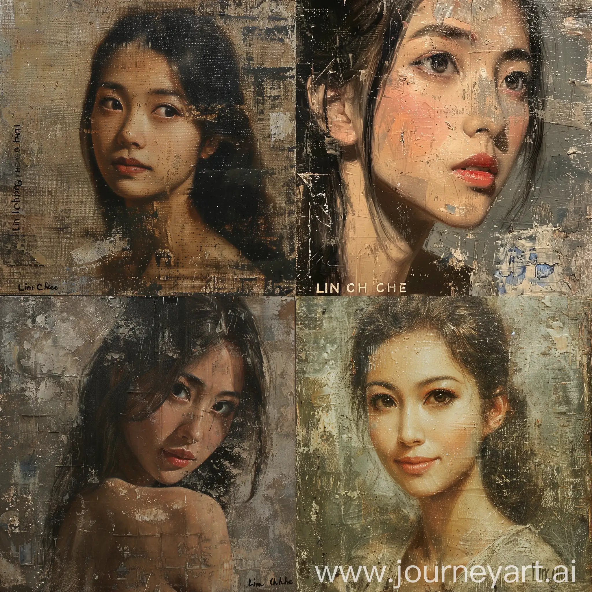 an old oil portrait on canvas of a beautiful woman of 30 years old, an old canvas is visible, the texture of the canvas is visible, an aged canvas is visible, smudges, scratches, stains, dirt, by Lin Ching Che