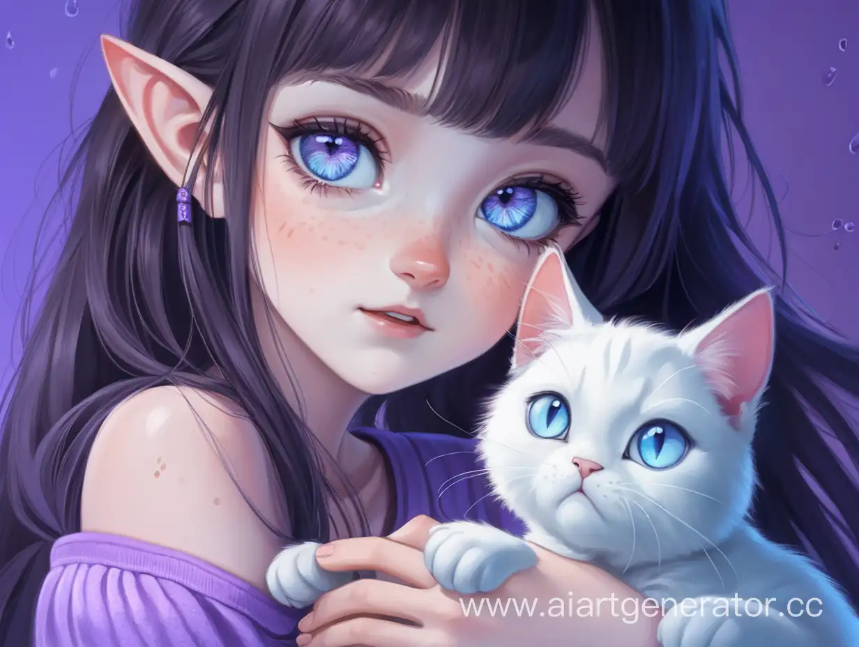 девушка с голубыми глазами,веснушками,темными длинные волосами,ушки, с кошкой,фон фиолетово-голубой