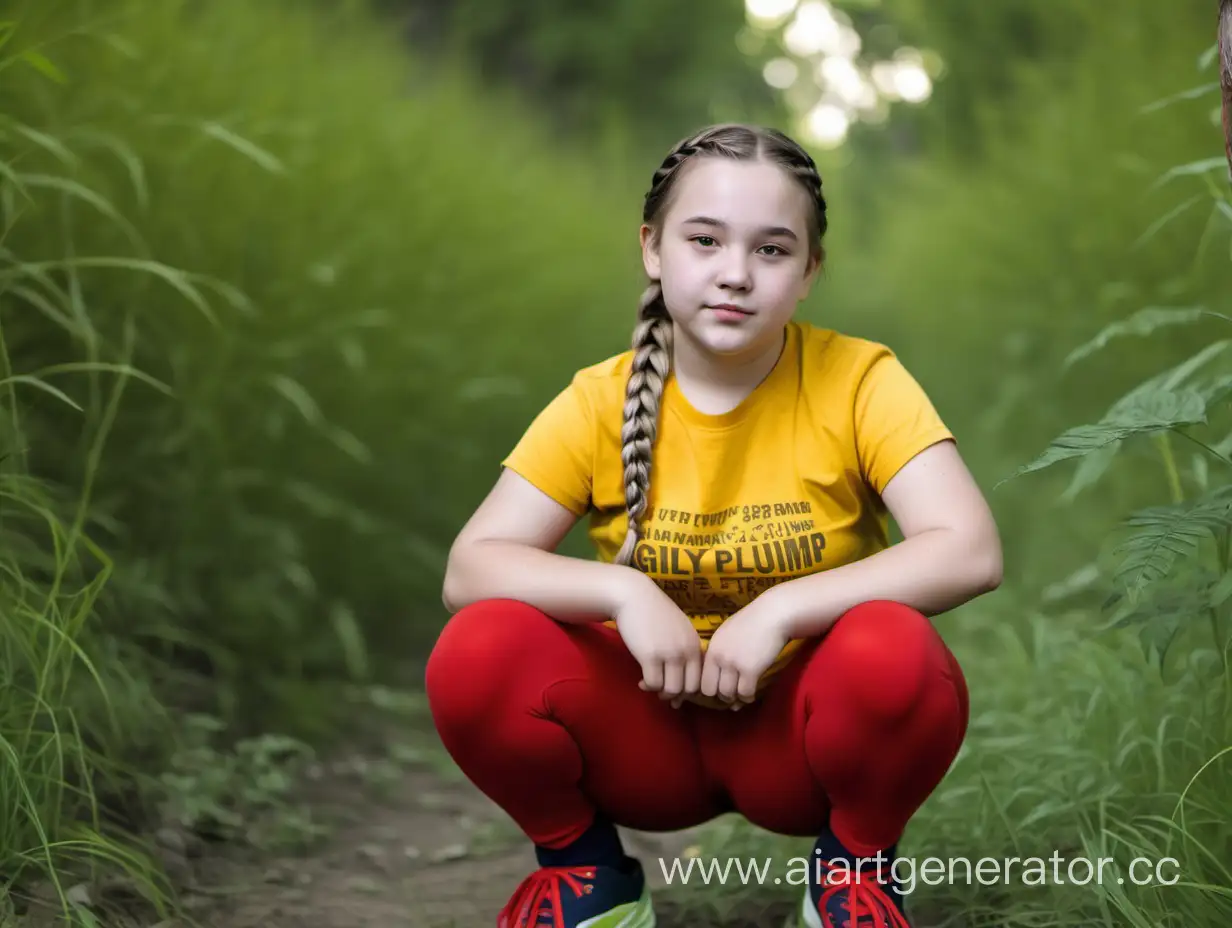 Слегка полноватая девочка 12 лет с двумя косичками, круглым лицом, одетая в жёлтую футболку и красные лосины, сидит на корточках на природе 