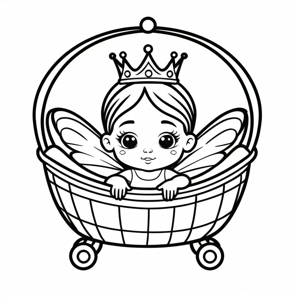 simple coloring book for kids,cartoon style baby fairy princess wearing a little crown, in a bassinet , black and white, thick lines, no shading --9:16--vr5