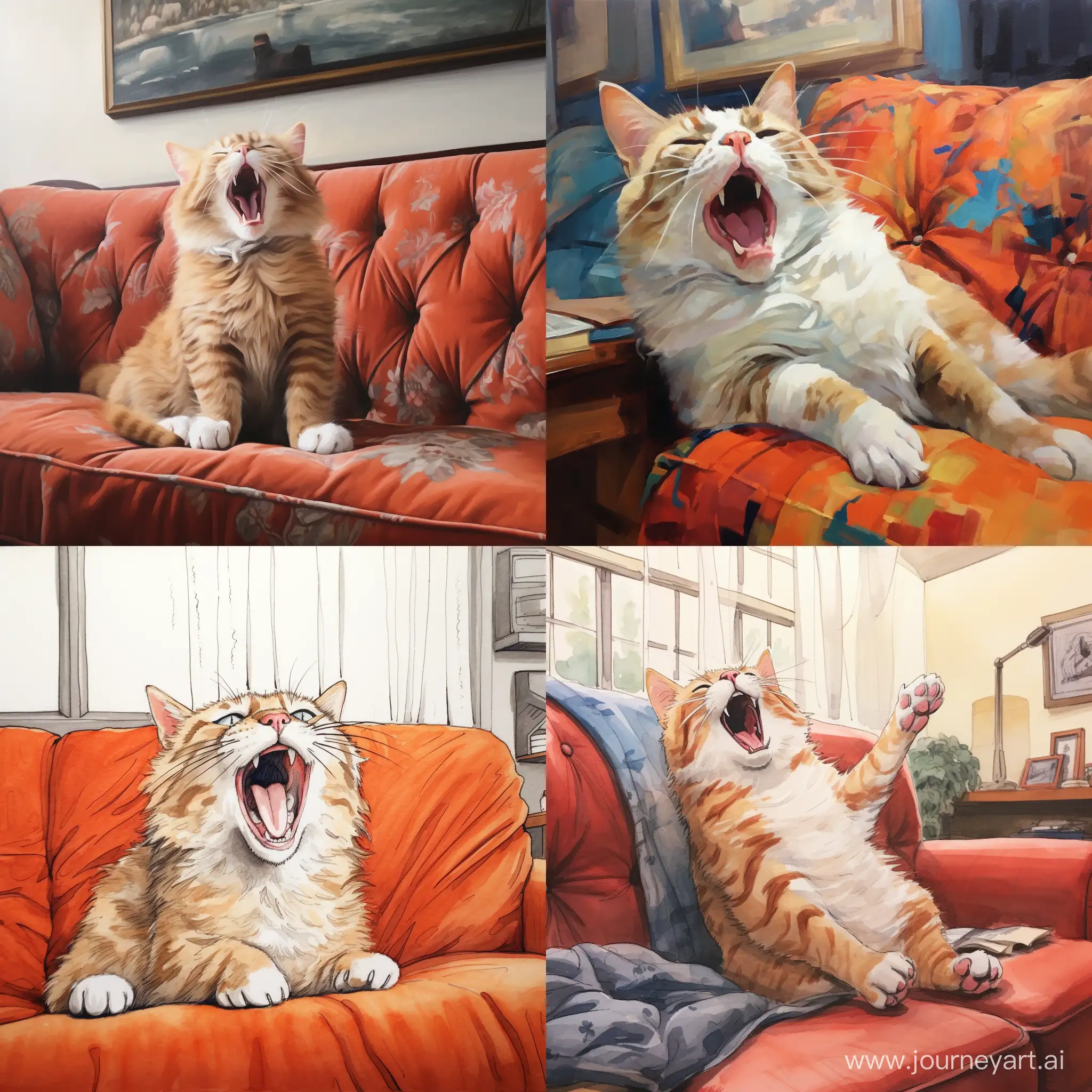 кот на диване зевает