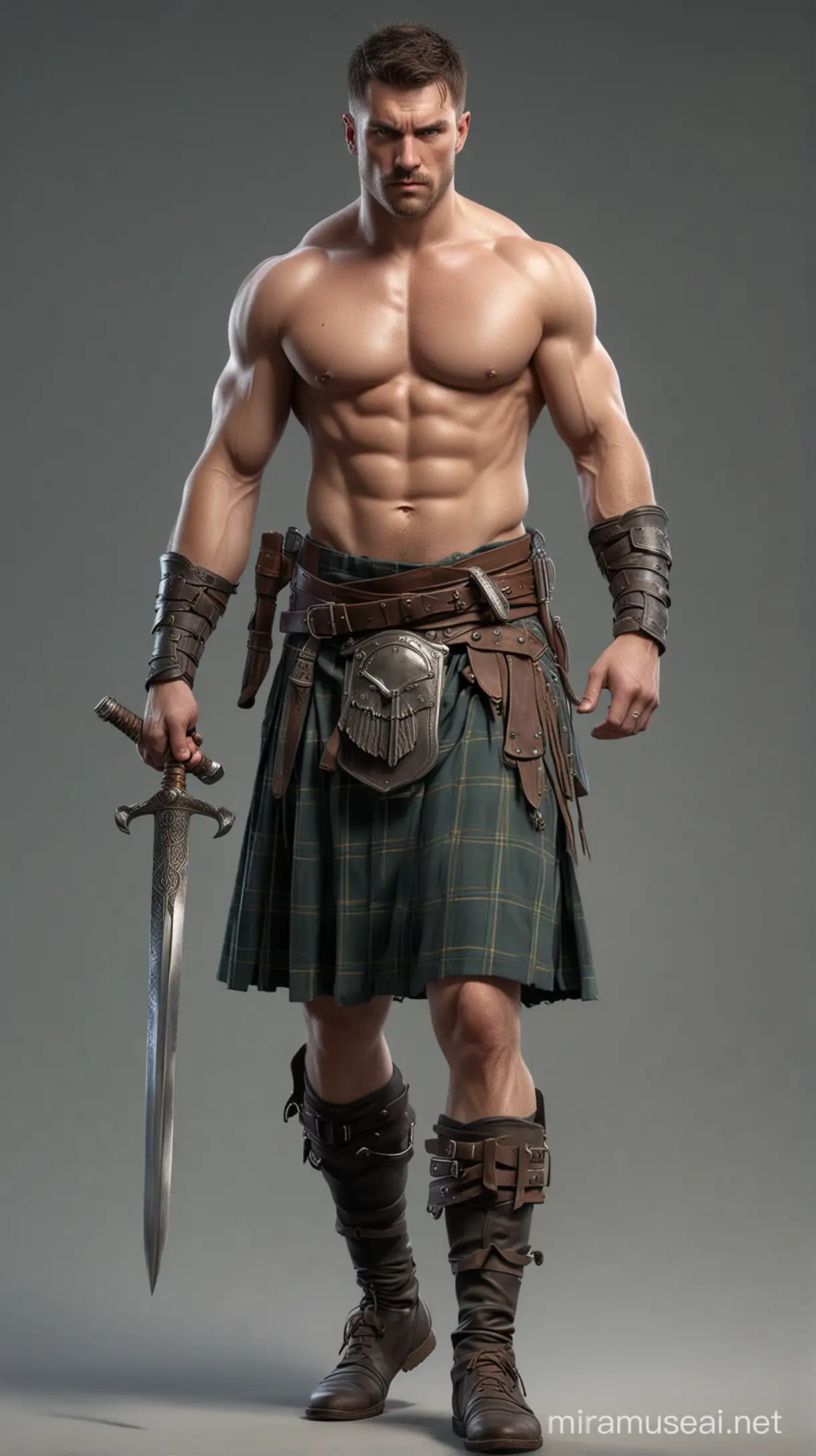 Hombre, guerrero, con espada, kilt, escocés, ultra realista