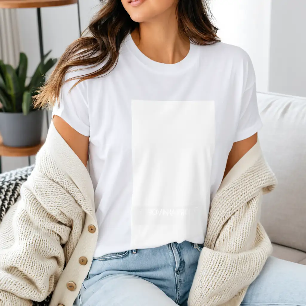 woman wearing bella canvas 3001 oversized white t-shirt mockup weating jeans and knitted cardigan, siiting on sofa