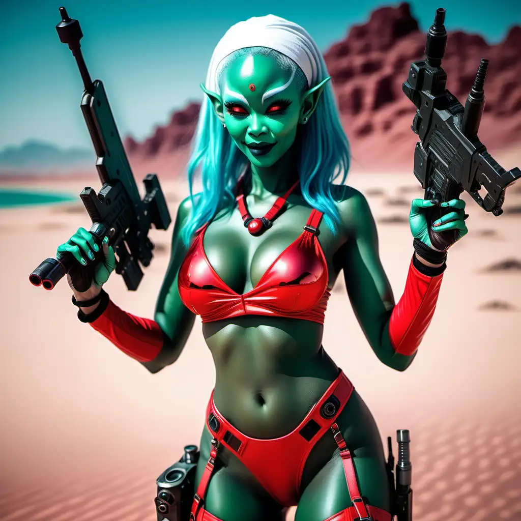 Sexy beautiful slim green skinned alien girl, she has dark green skin and blue hair, Asian girl look with pointed ears, with very large DDD-cup tits, in a sexy red tight sci-fi outfit, holding a sci-fi weapon, she is standing by a Martian desert beach, smiling
