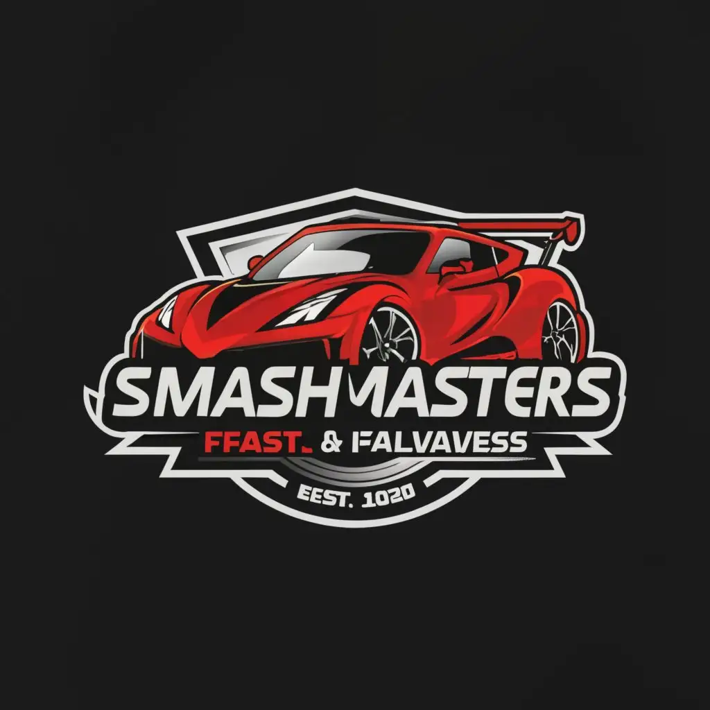 a logo design,with the text "SMASH MASTERS, FAST & FLAWLESS", main symbol:FAST CAR, BODY SHOP, REPAIR, RED, BLACK, SPORTS CAR,complex,clear background