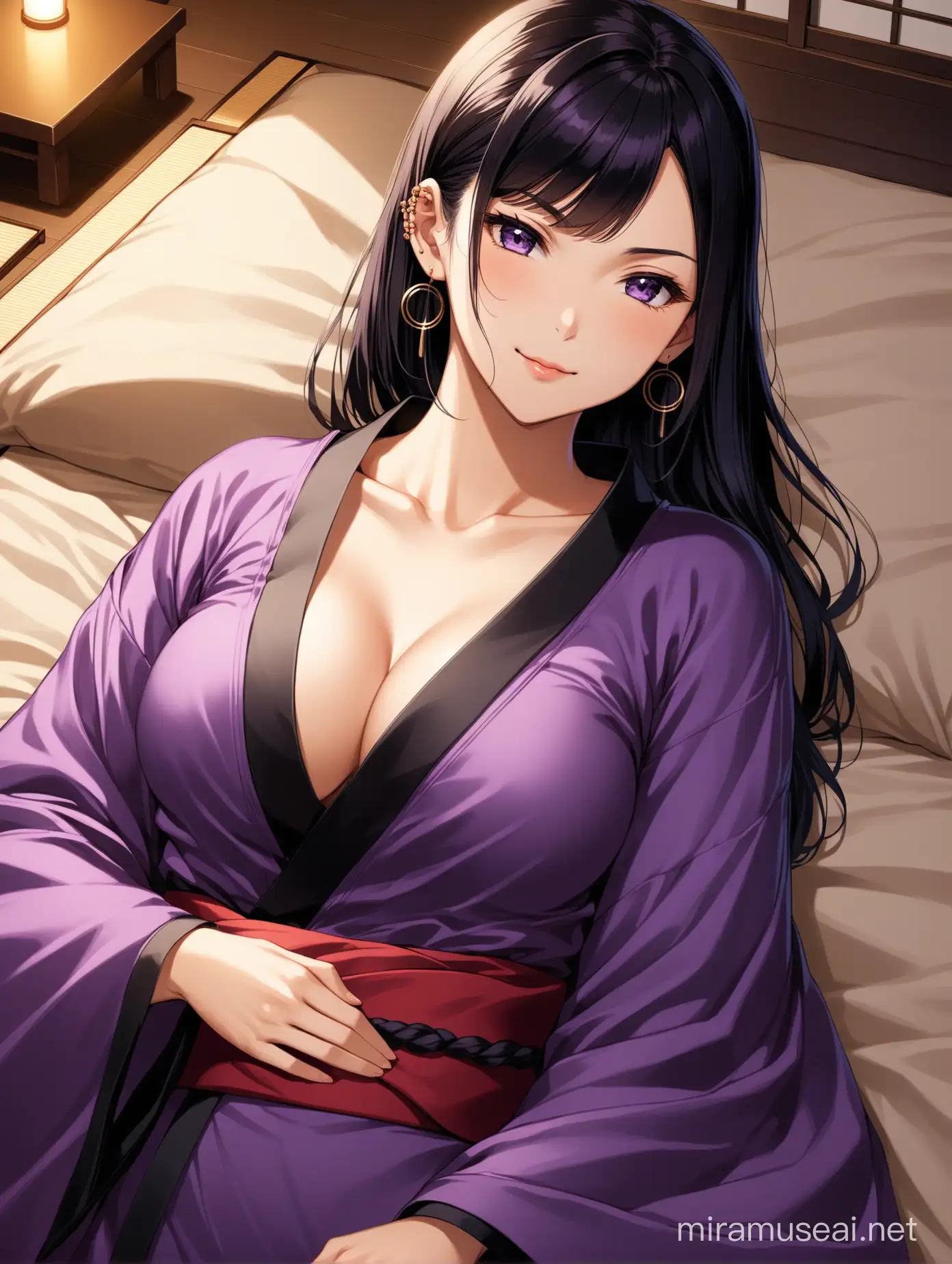 Seductive Young Woman in Dark Purple Robe on JapaneseStyle Bed