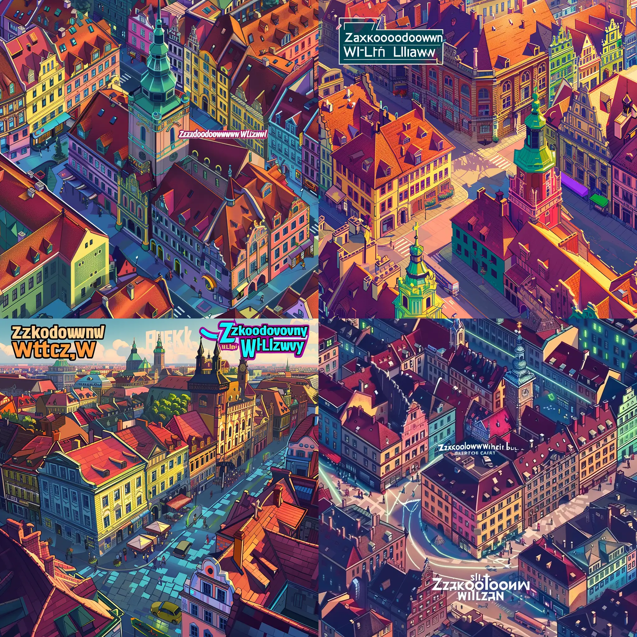 Create a logo for city game which is ilustraded this way: A vibrant and futuristic illustration of Wrocław's Old Town, showcasing the excitement and mystery of the urban game "Zakodowany Wrocław". The scene should prominently feature iconic landmarks such as the Rynek (Market Square) with the Old Town Hall, St. Elizabeth's Church, and the colorful townhouses.