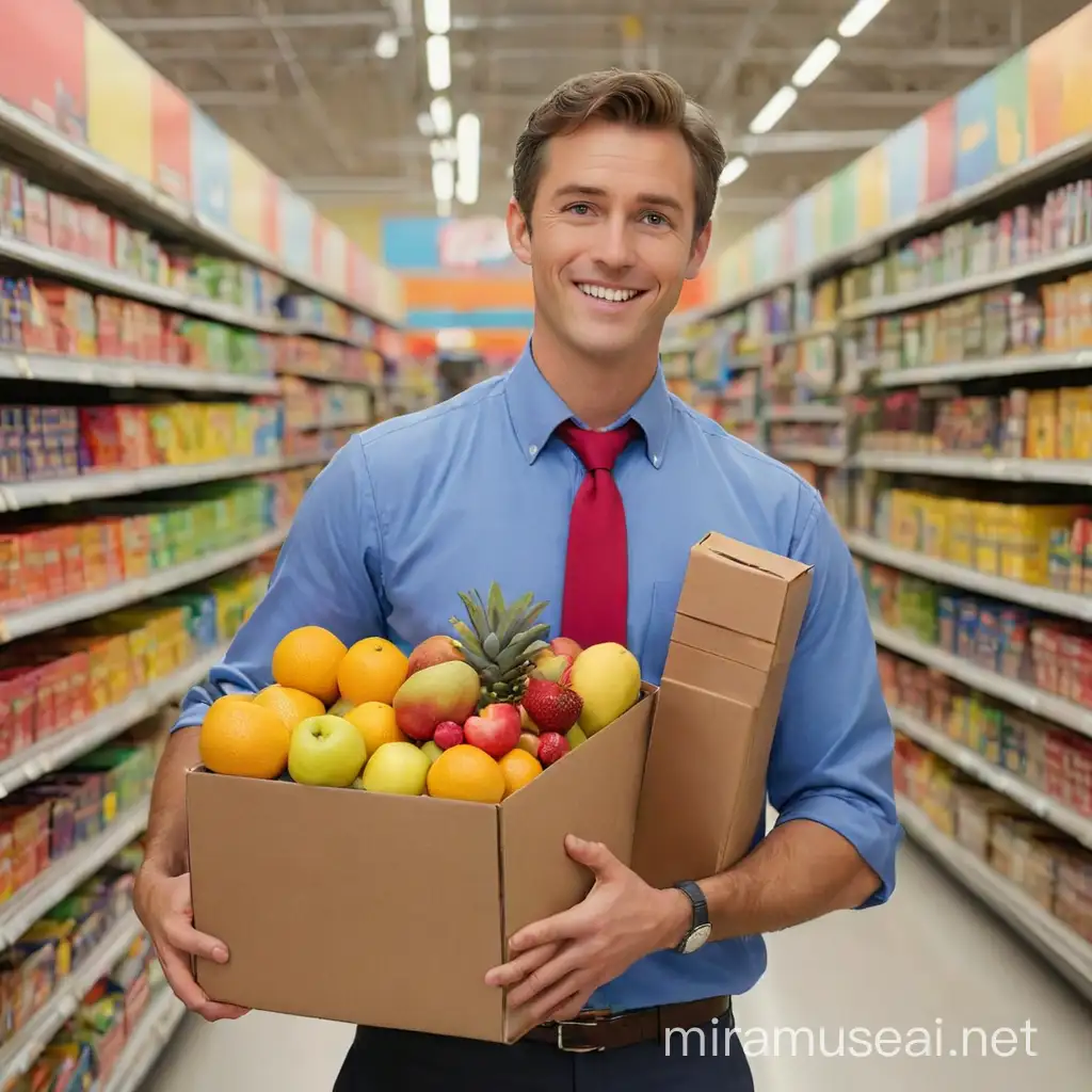 A man in a blue shirt and red tie is holding a box of fruit over his shoulder. He is standing in a grocery store aisle with colorful shelves on either side.