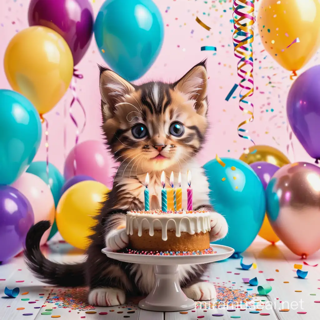 cute kitten holding a birthday cake, confetti explosions in the background