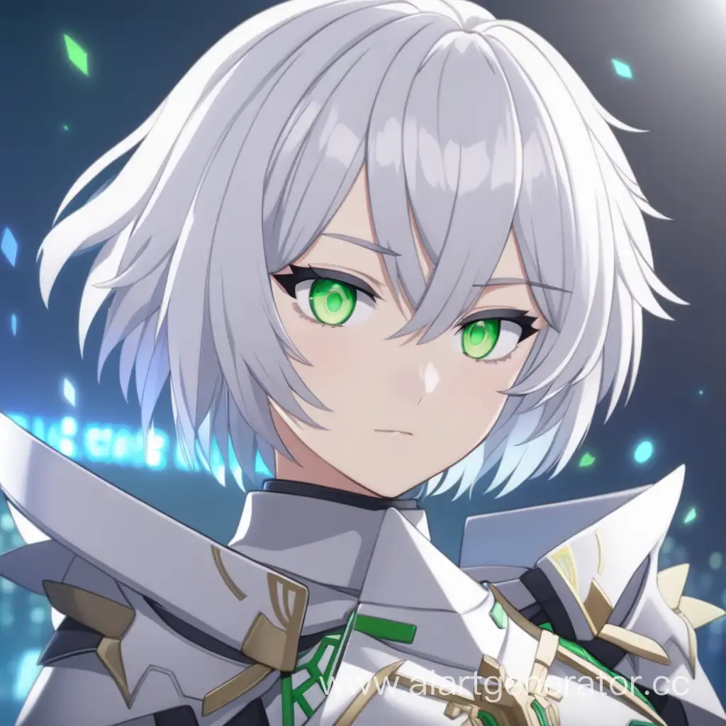 Аниме девушка глава ордена рыцарей с короткими белыми волосами и зелёными глазами в стиле Хонкай Импакт 