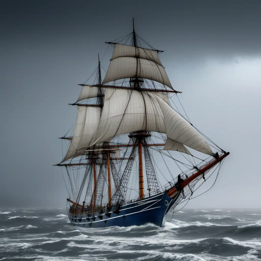 Sailing Ship Braving Winter Storm with Dramatic Seascape