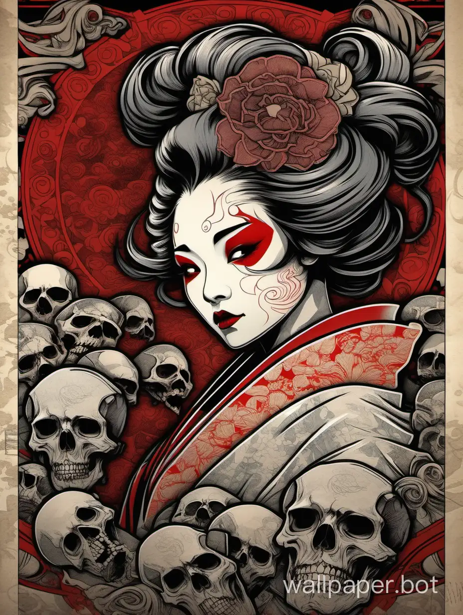 Furious-Geisha-with-Asymmetrical-Skull-Face-in-Alphonse-Mucha-Style