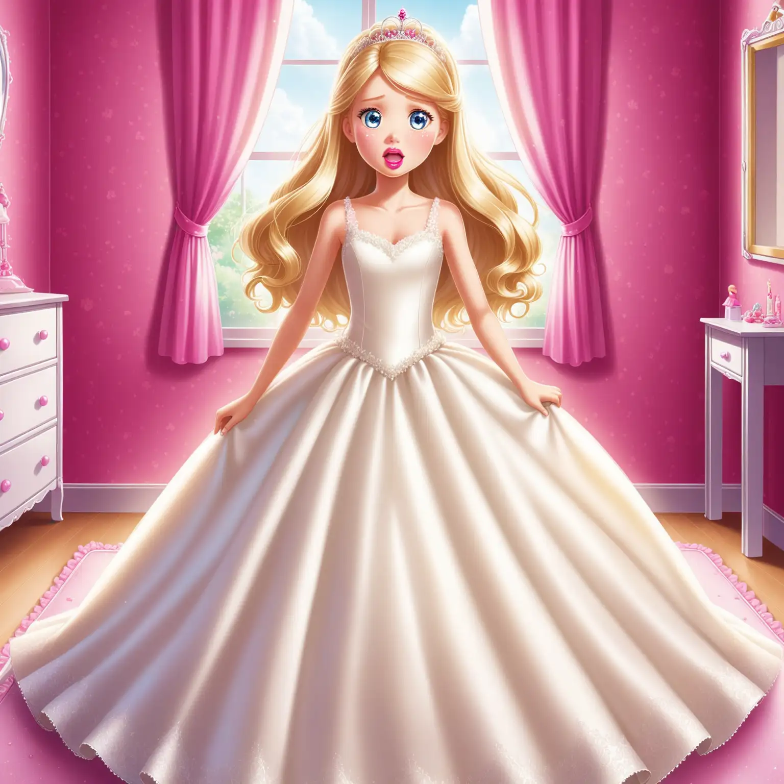 Dans petite chambre d'étudiant, vue dynamique de face,Chelsea 12 ans from Barbie blonde, en pleure et terrifié, rouge à lèvres rose sur les lèvres,magnifique robe de princesse de mariée sans manches ivoire satin duchesse et pieds nus